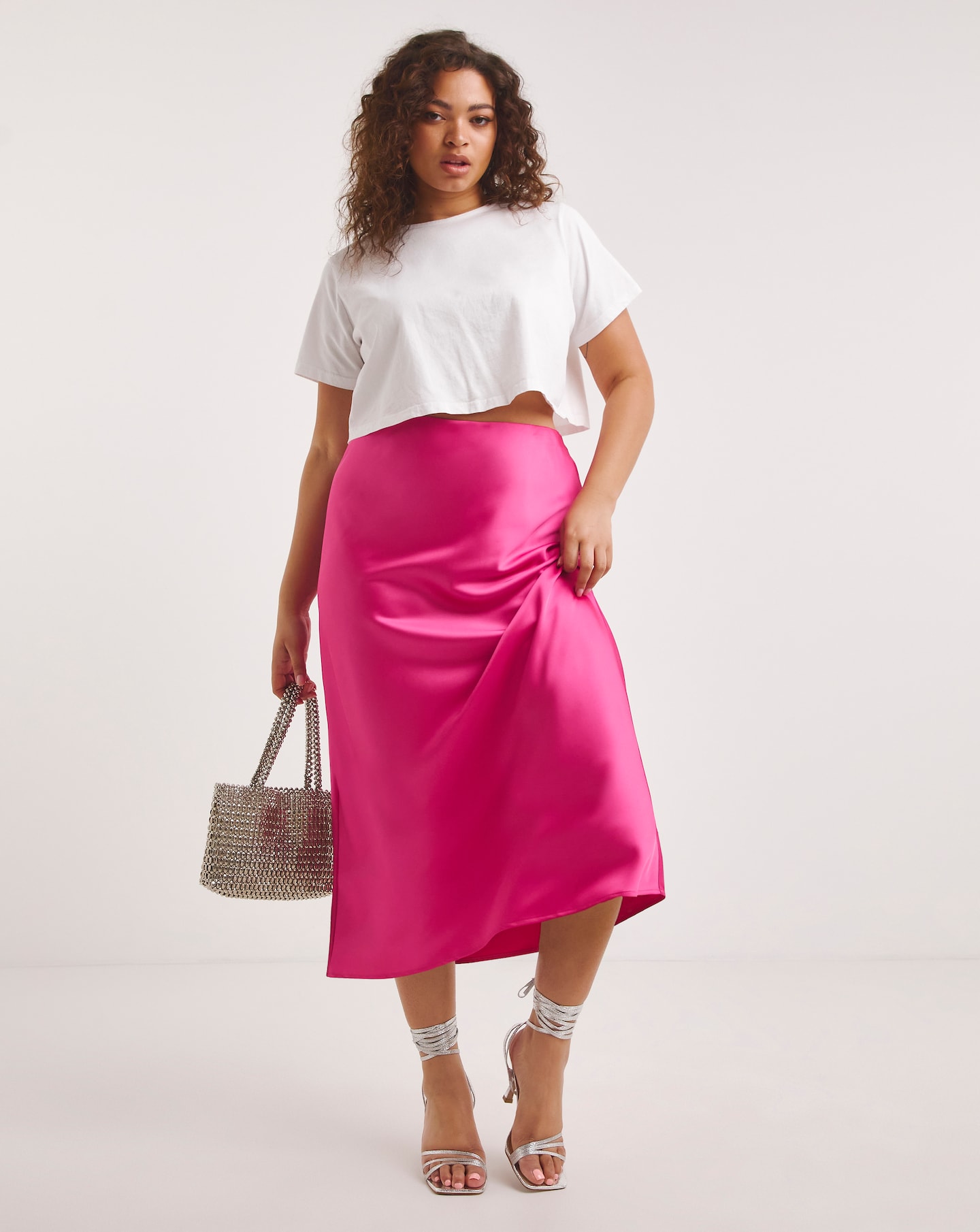 Hot pink outlet satin midi skirt