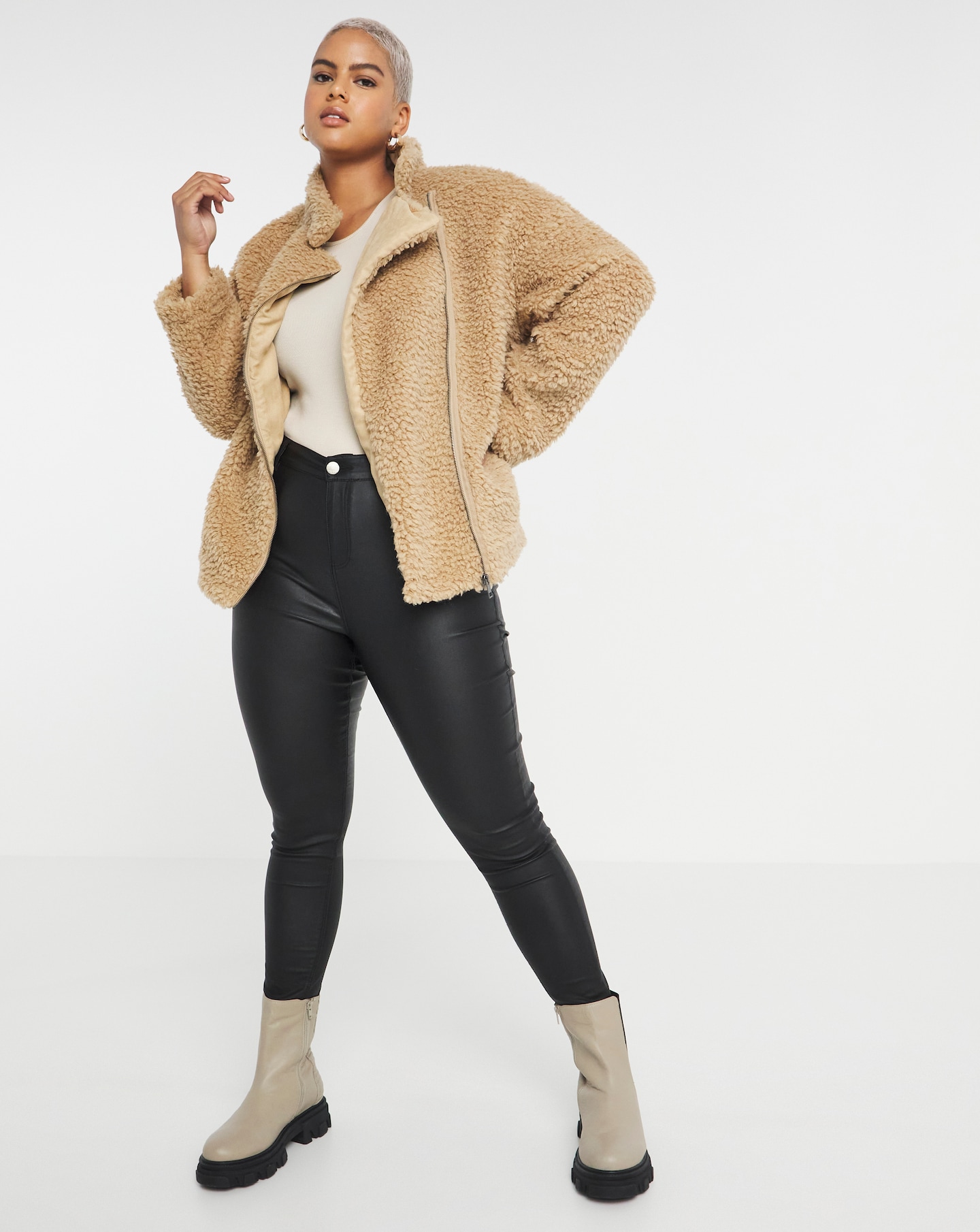 Tan Faux Fur Teddy Biker Jacket Simply Be